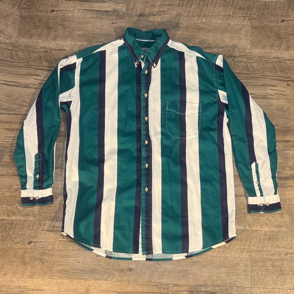 Vintage American Eagle Men's Bold Striped Shirt - Teal, Navy, White - Size L